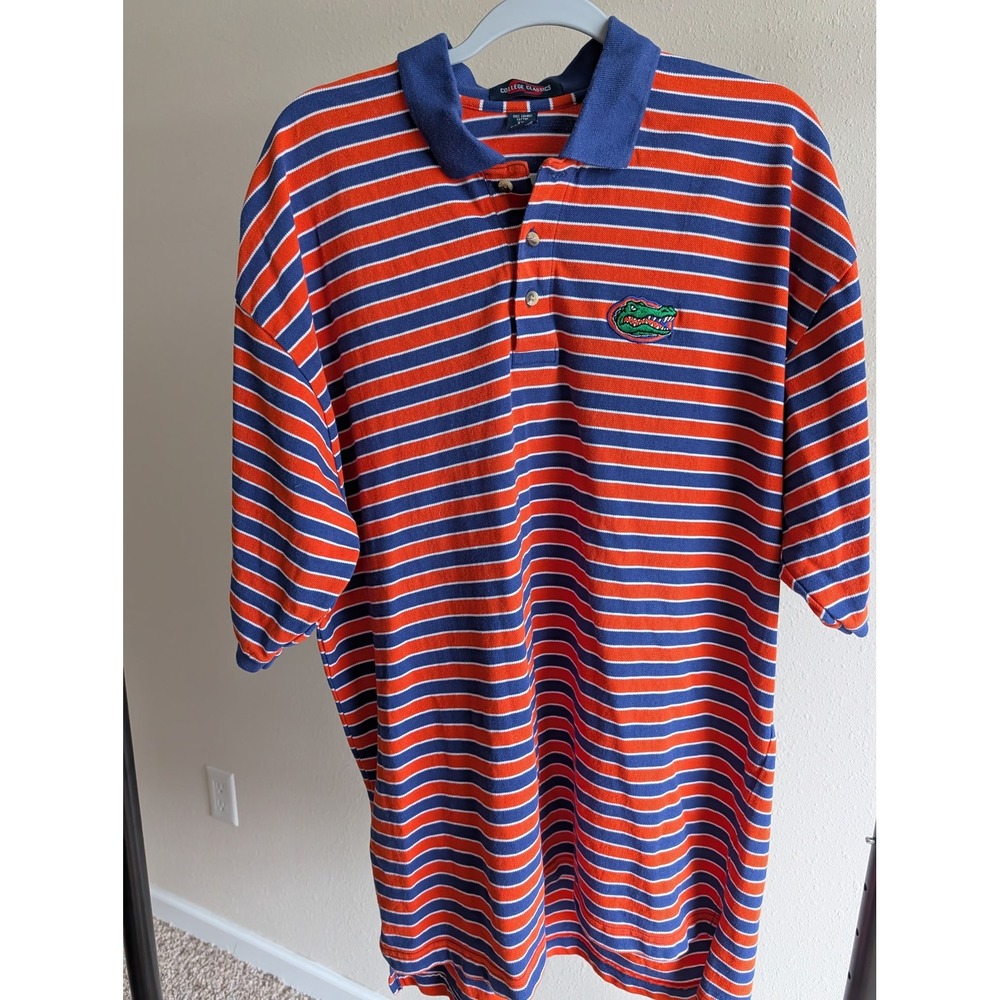 College Classics Florida Gators Polo Shirt Mens XXL Orange Blue Striped Cotton